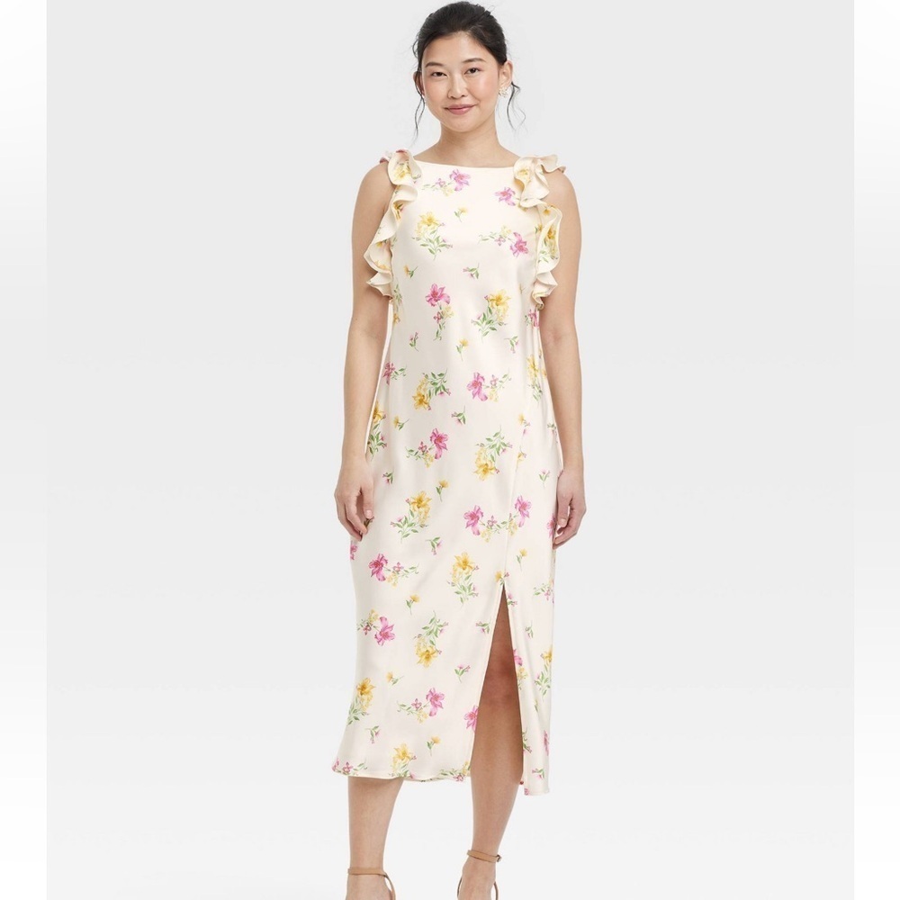 NWT A New Day Floral Ruffle Sleeve Satin Maxi Dress - Size Medium
